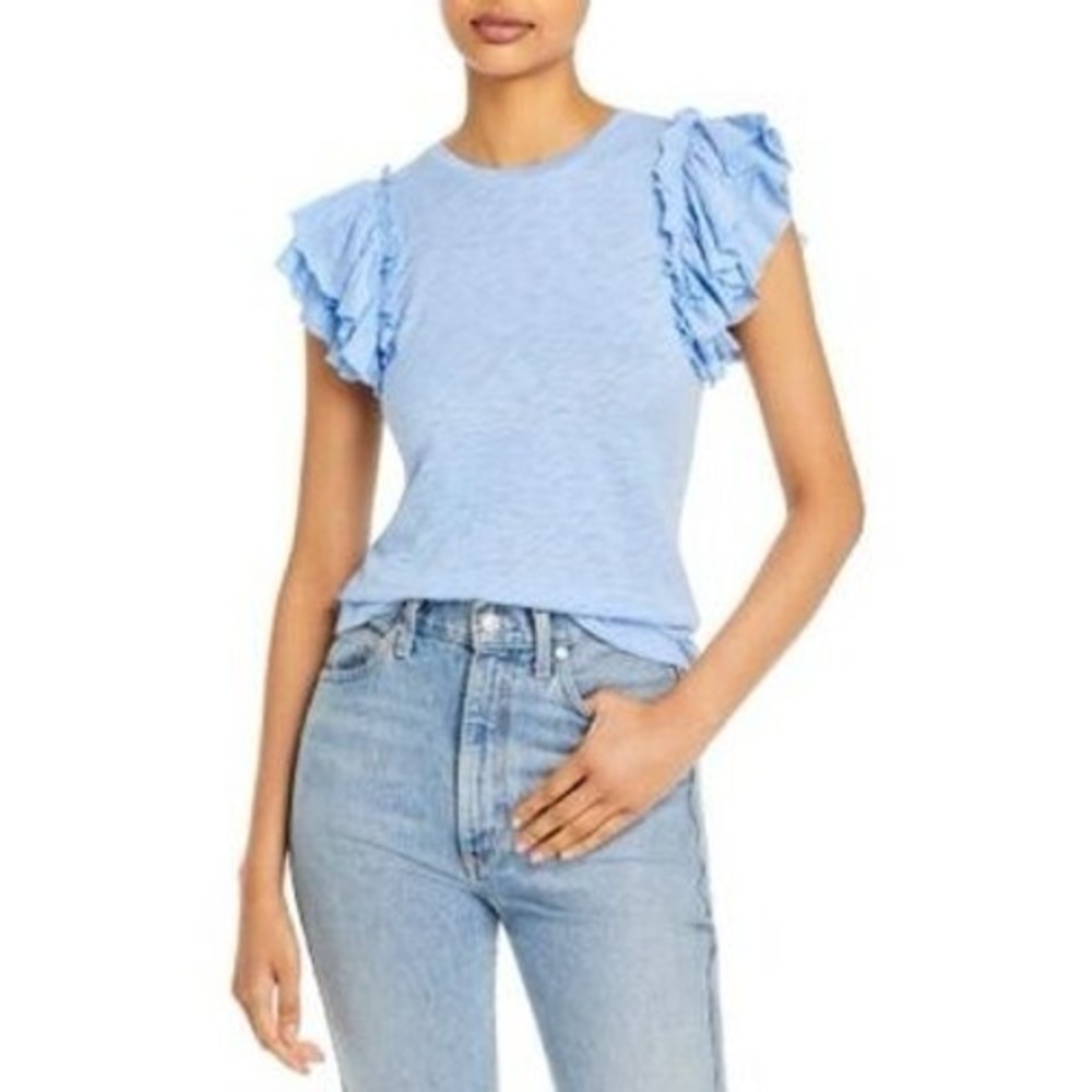 Goldie Lewinter Blue Pima Cotton Tiered Ruffle Sleeve Crewneck Blouse Womens S‎